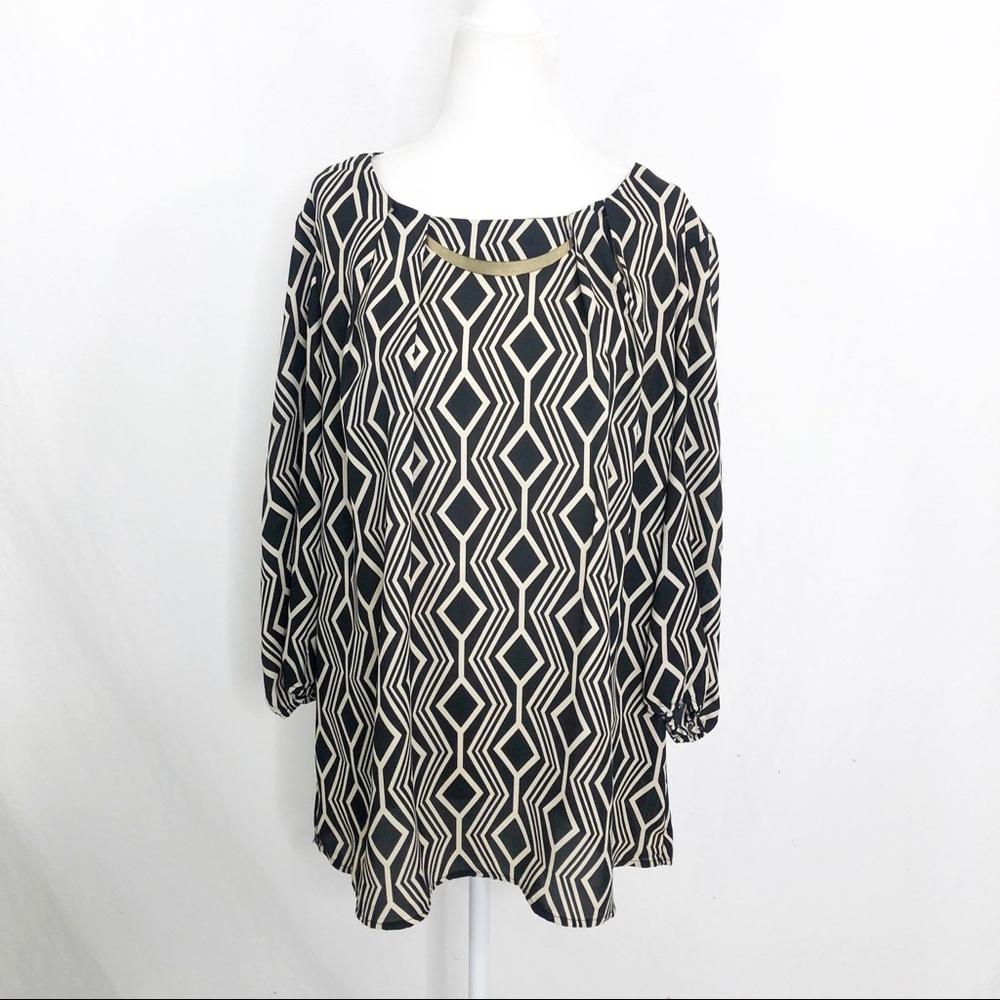 Zac & Rachel Tribal Tunic Blouse Top, Size Large, Tan Black Geometric Pattern